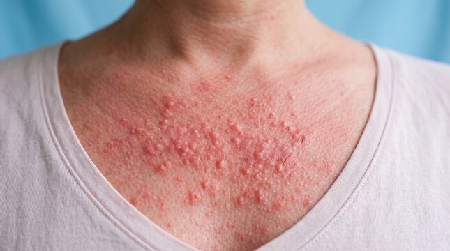 Close Up of Polymorphous Light Eruption and Sun Allergy Papular Rash on Woman Decollete