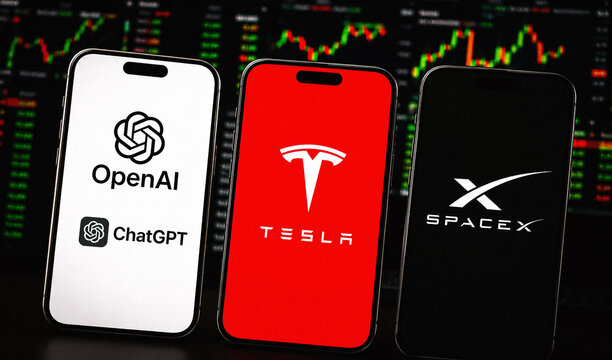 OpenAI, ChatGPT, Tesla, SpaceX Logos On Smartphones With Financial Market Charts, London, United Kingdom - August 2026