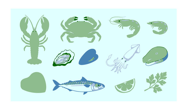 Untitled design - 1Premium seafood products vector set with lobster crab prawns oyster and marine fish isolated on white