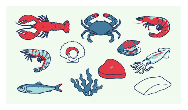 Untitled design - 3Marine seafood flat vector set with crab lobster shrimp oyster squid and fish isolated on white