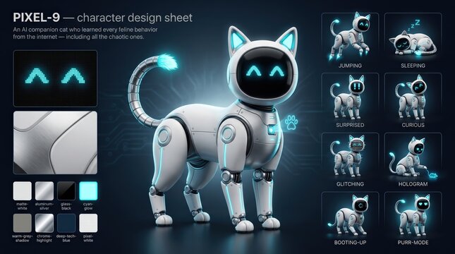 Cartoon robot cat character design sheet with multiple poses and expressions, showcasing features like glowing eyes and a sleek metallic body, ideal for animation and illustration projects