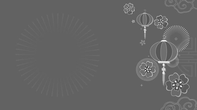 Popping Chinese lanterns and flowers on a red background featuring a sunburst placeholder for text and images.