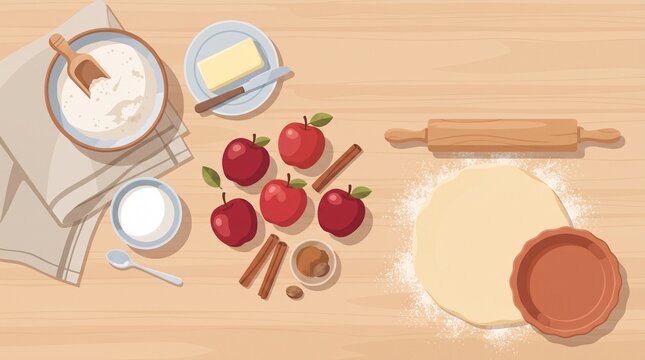 Apple pie baking ingredients including fresh apples, flour, butter, cinnamon, sugar and pastry dough arranged in a flat design composition.