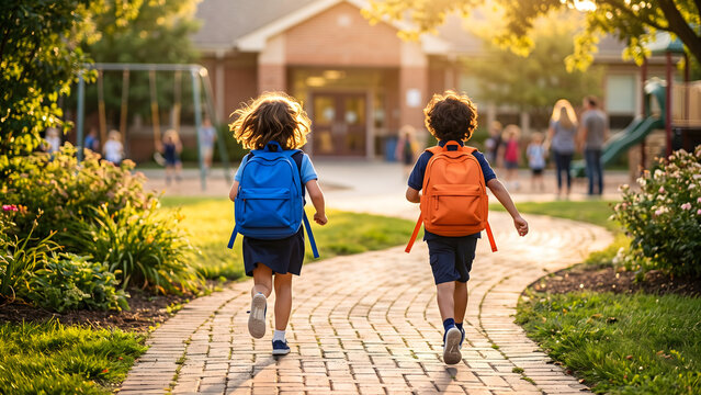 Two Young Children with Backpacks Running Happily Towards Their School Building