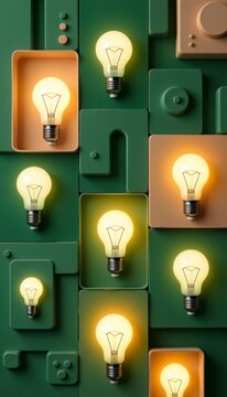 Modern brainstorm compositions with clean overlapping lightbulb block patterns are featured in a clean minimalist deep forest green image