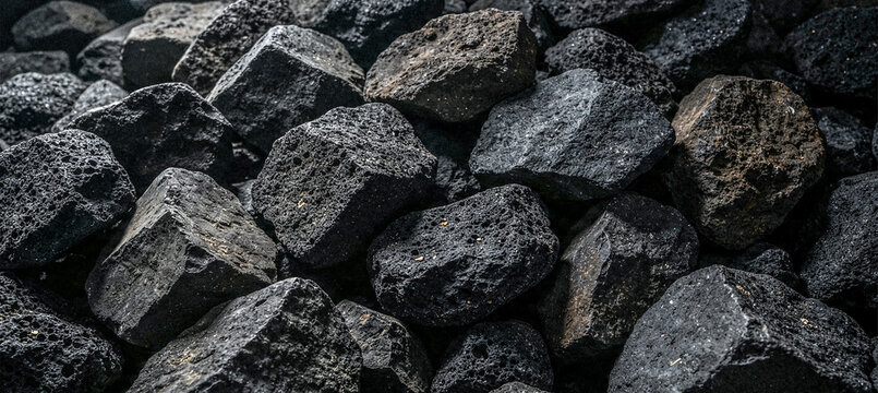 A close-up view of various black rocks and stones, showcasing their textured surfaces and irregular shapes. Ideal for backgrounds or nature themes.
