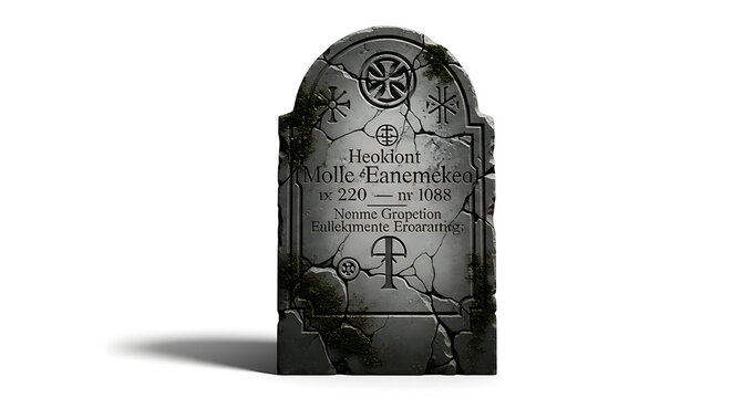 A weathered stone tombstone with ancient symbols and cracked surface isolated on white background with carved mysterious symbols