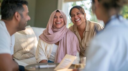 Fototapeta premium Middle Eastern woman in a hijab laughing naturally beside her partner during a consultation with a clinician, for healthcare and support