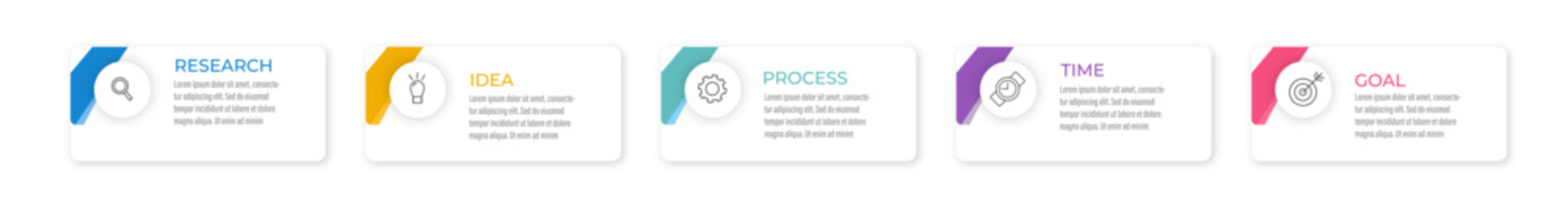 5 steps horizontal banners business infographic template with colorful bookmark nodes isolated vector illustration