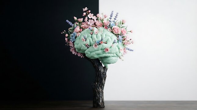 Human brain tree blooming with colorful flowers against a split black and white