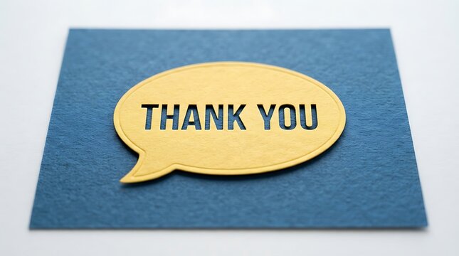 Yellow speech bubble paper cutout with thank you text on textured blue background