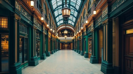 Fototapeta premium Elegant historic arcade hall with ornate details, glass ceiling, and warm lights in a tranquil setting