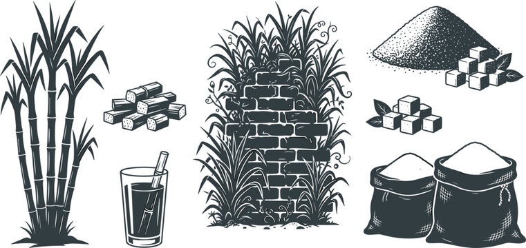 Vintage hand drawn sugarcane plant and sugar cubes vector illustration set isolated on white background