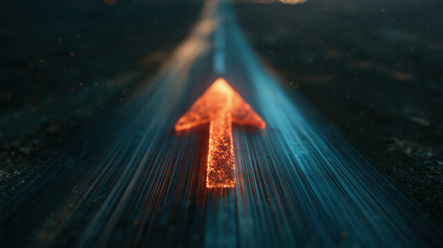 Illuminated arrow pointing forward along a dark road with converging light lines representing progress, direction and business journey
