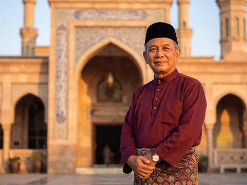Senior Malay man in maroon baju melayu standing at mosque entrance
