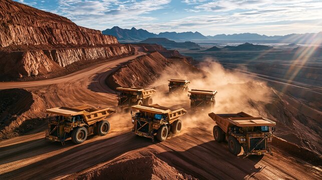 Row of large yellow mining dump trucks driving along winding dirt road through open pit mine in sunny morning light showing large scale resource extraction industry