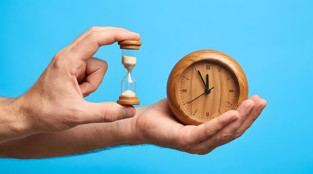 Caucasian male hands holding a small hourglass and a wooden analog clock, blue background