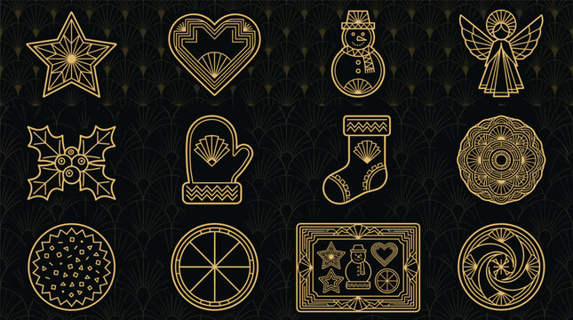 Art deco christmas icons set with golden geometric ornaments