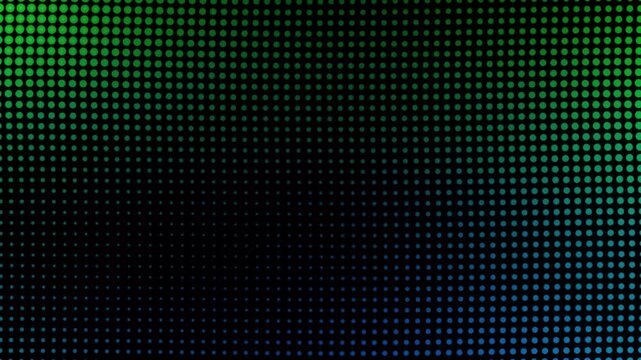 Neon green and blue dotted halftone pattern moving in dynamic waves across dark screen background.