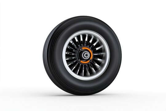 Single modern aircraft tire with black rubber tread polished silver alloy rim and bright orange accent center displayed on plain solid white background