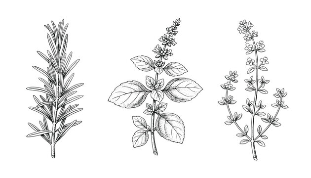 Vintage botanical line art illustration of rosemary basil and thyme herbal sprigs