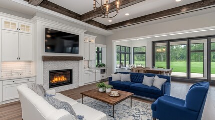 Naklejka premium Cozy living room with modern furniture, fireplace, and large windows offering lush garden views