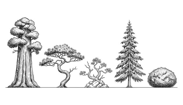 Vintage illustration of diverse tree types including sequoia bonsai pine and bush