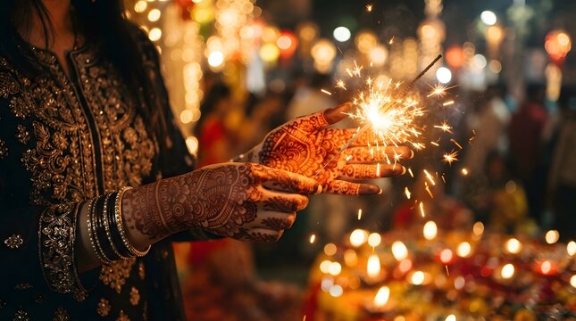 Woman with henna hands holding sparkler at diwali festival