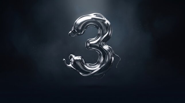 Liquid silver number three floating in dark space. Shiny metallic typography with smooth curves against a moody black background.