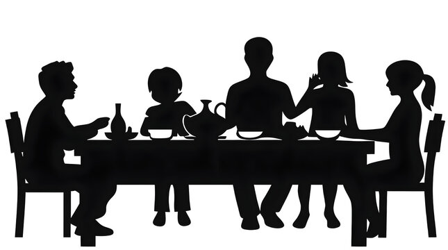 Silhouette of happy family dining together at dinner table. Family meal gathering symbol, eating together icon design, restaurant dining, home celebration, and togetherness illustration.