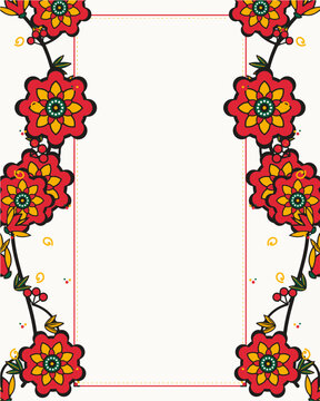 folk art vector background with llamas, cacti, and colorful geometric borders.