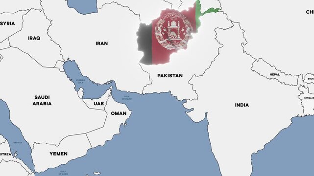 4K animation of a map of Central and South Asia with Afghanistan highlighted in the colors of the Afghan national flag.