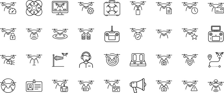 Drone Commercial Pilot Licence Web Icon Set in Linear Style. Collection of aviation line icons, including pilot training, drone operation, flight regulation, aerial survey, remote control.
