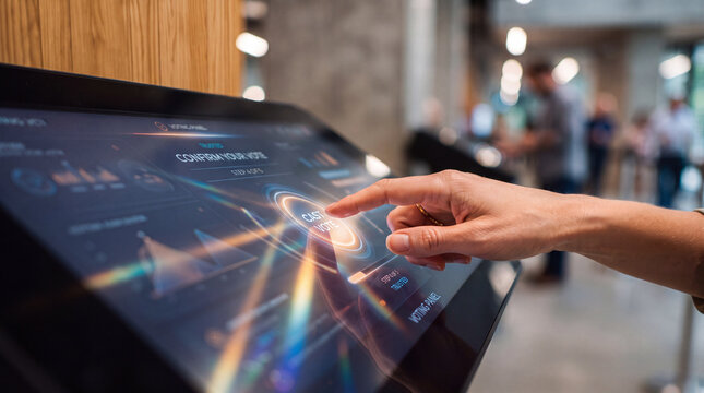 Close up of hand pressing cast vote button on digital touchscreen kiosk. Electronic voting system interface at modern polling station