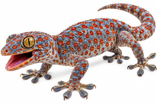 Detailed close-up of a colorful tokay gecko with blue-gray skin, orange spots, textured scales and a distinctive golden eye, isolated on a white background