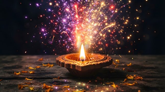 Diwali diya lamp with festive fireworks background