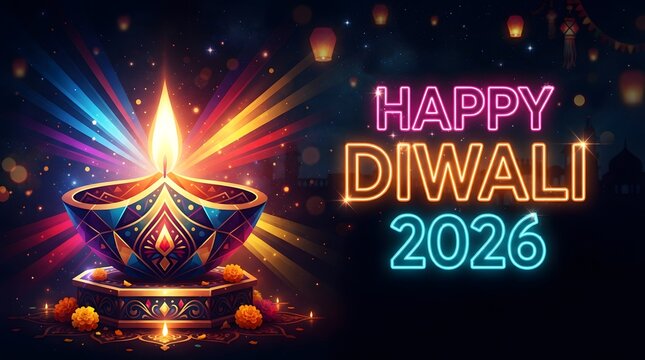 Happy diwali 2026 celebration with glowing diya lamp