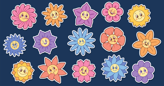 Groovy daisy face stickers with cute flower characters and cartoon smiles. Retro floral icons with happy expressions in vintage 70s style. Vector illustrations for spring patterns and y2k baby design.