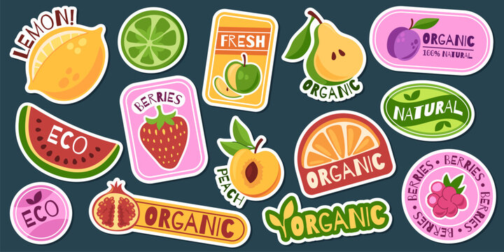 Retro fruit stickers with strawberry, apple, lime and orange designs. Vintage badge collection with summer peach, watermelon and citrus labels for supermarket promo in trendy retro style.