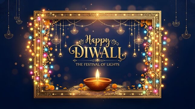 Happy diwali festival of lights with golden frame and diya