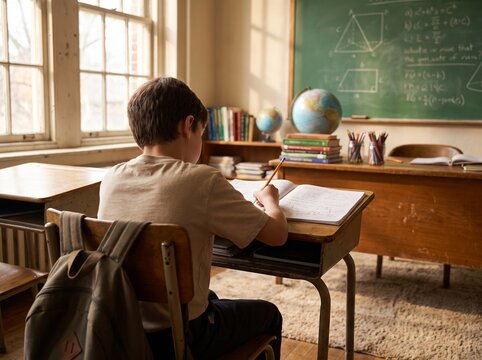 Young boy student sitting at a vintage wooden desk and studying in a classic classroom with a chalkboard background