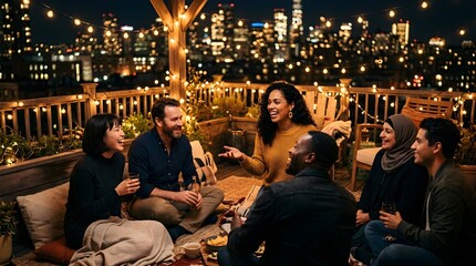 Fototapeta premium Diverse Friends Gathering on City Rooftop at Night with Fairy Lights