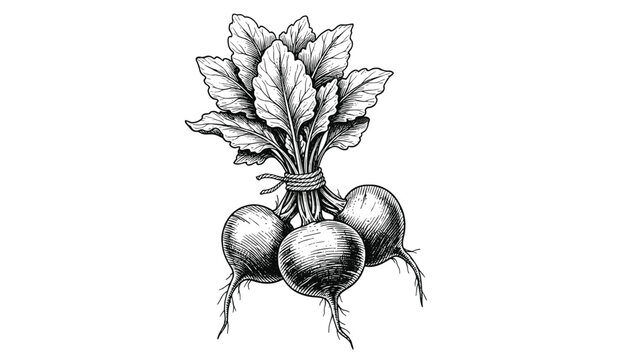 Hand drawn vintage engraving illustration of beetroots with green leaves tied in bunch