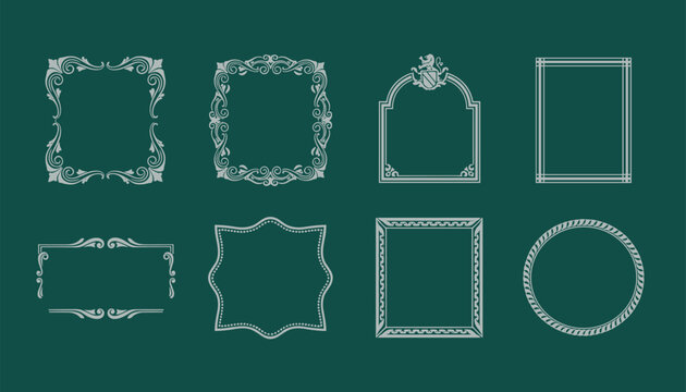 Collection of decorative vintage ornate frames and borders on dark green background