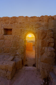 Sunset with ancient ruins,  Nabataean city of Avdat