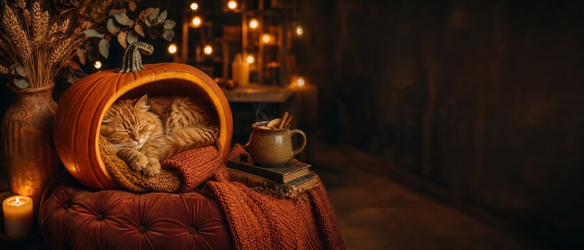 Cute ginger cat sleeping inside carved pumpkin with knitted scarf, mug of hot tea and books on cozy autumn background. Warm fall season, Thanksgiving and Halloween hygge concept.