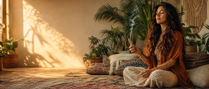 Woman meditating with burning sage smudge stick at cozy boho home interior. Spiritual smudging ritual for energy cleansing and relaxation. Yoga and mindfulness concept.