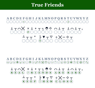 Friendship quote with playful symbols and letters on a green background  
