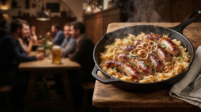 Grilled sausages with sauerkraut and fried onion in cast iron skillet on wooden table. Traditional german cuisine in cozy pub. People dining in background. Oktoberfest food.
