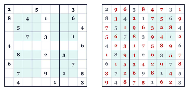 Sudoku puzzle grids with solved and unsolved versions  